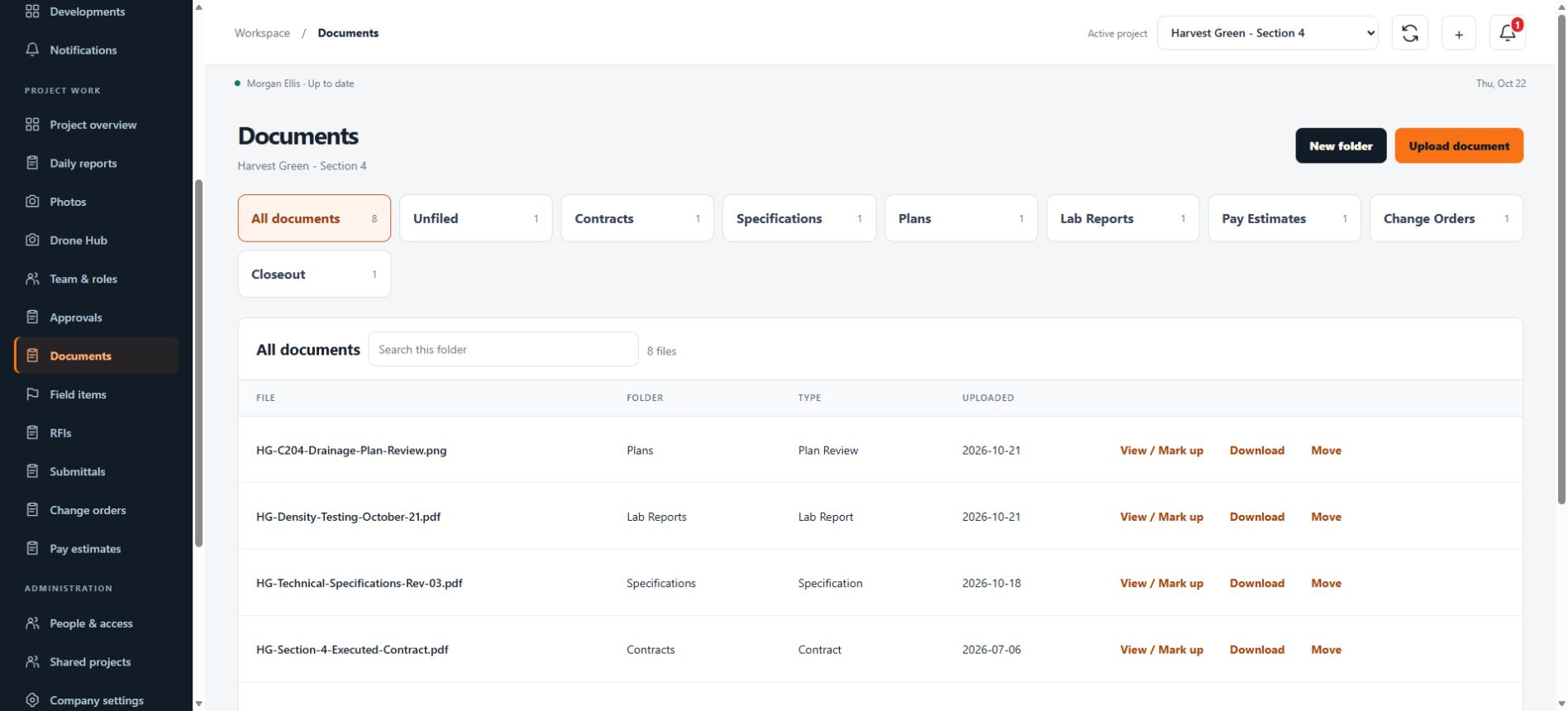 EagleForge Documents with project folders, document types and file review actions