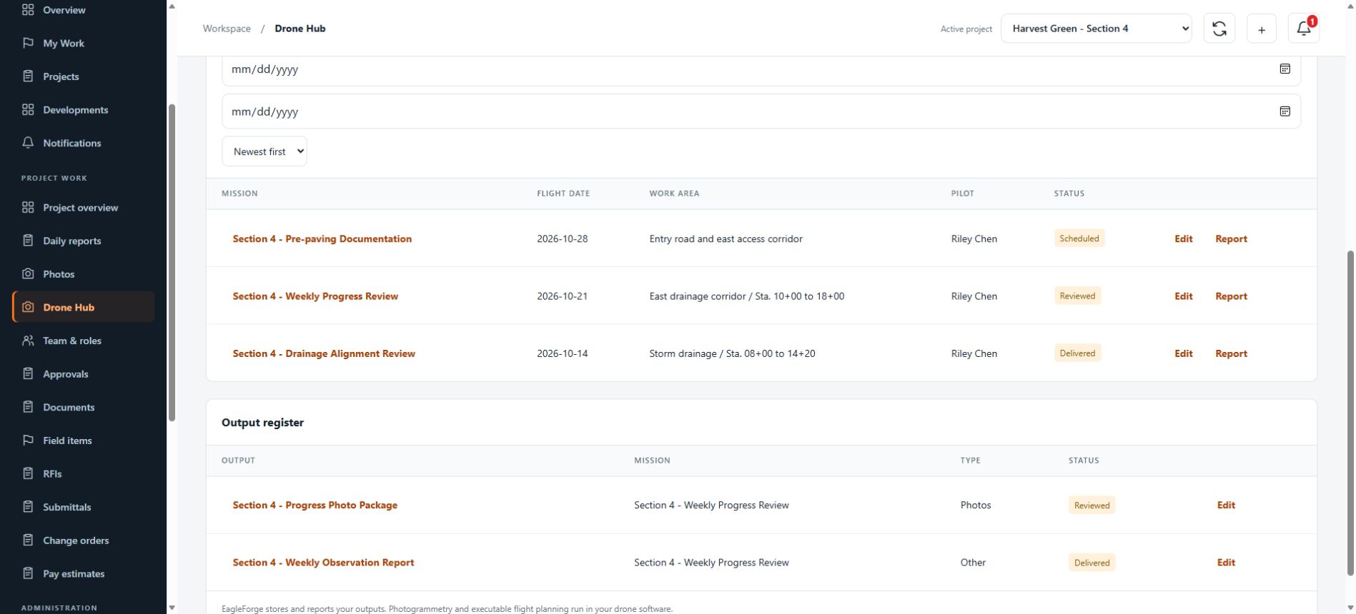 EagleForge Drone Hub with project missions, assigned pilots, dates, status and uploaded outputs