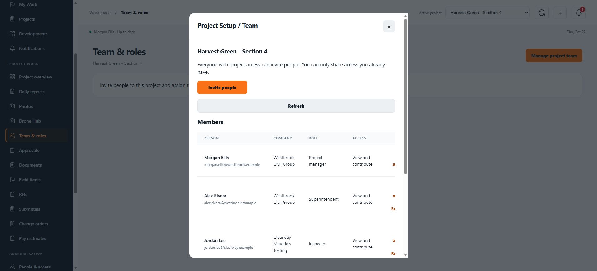 EagleForge project team showing people, companies, assigned roles and project access